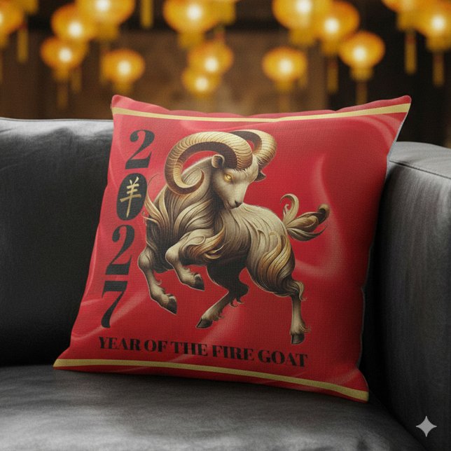Almofada Stunning Red Gold Chinese Year of Fire Goat 2027 (Stunning Red & Gold Chinese Year of the Fire Goat 2027 Throw Pillow Cover Photo)