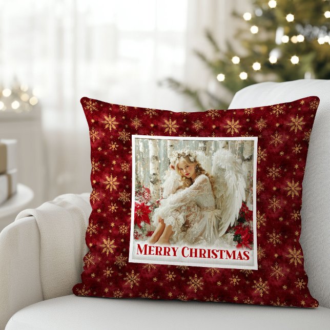 Almofada Stylish Angel Poinsettia Red Gold Accent Christmas (Stylish Angel Poinsettia Red Gold Accent Christmas Pillow

)