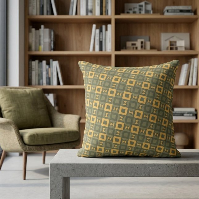 Almofada Stylish Retro Olive Green Gold Geometric Pattern (Criador carregado)