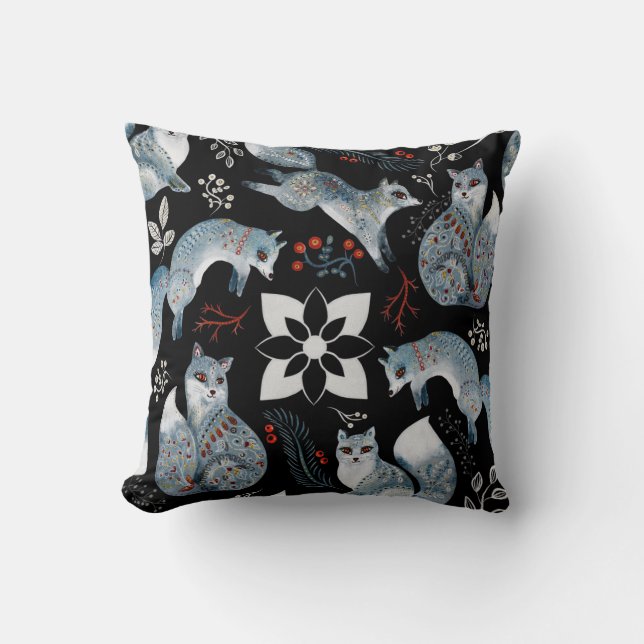 Almofada  Stylized blue foxes with intricate floral designs (Frente)