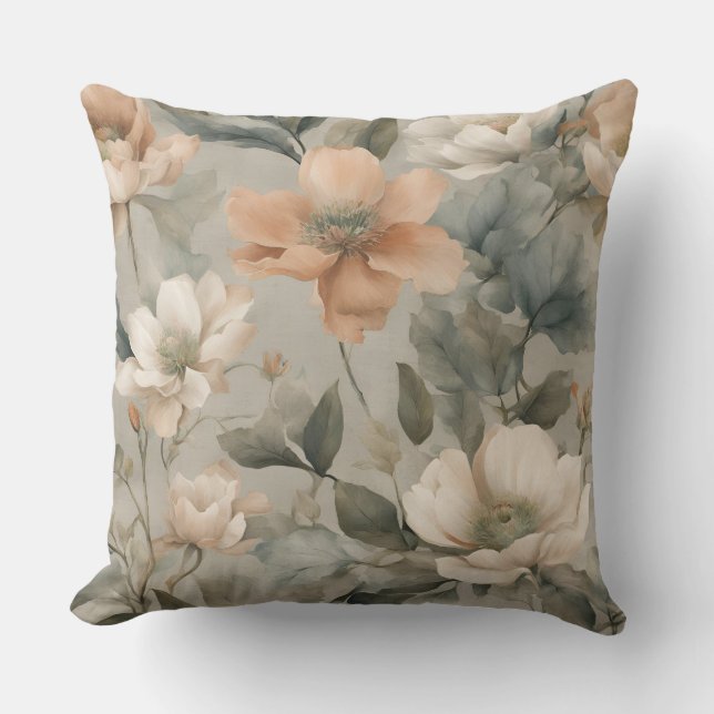 Almofada Suave Floral Impresso em Verde Sage Laranja Pálido (Frente)