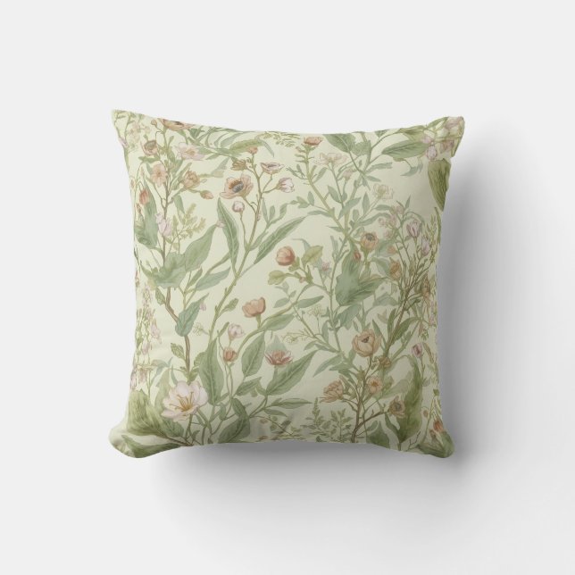 Almofada Suave Verde Sálvia Floral Botânica (Frente)