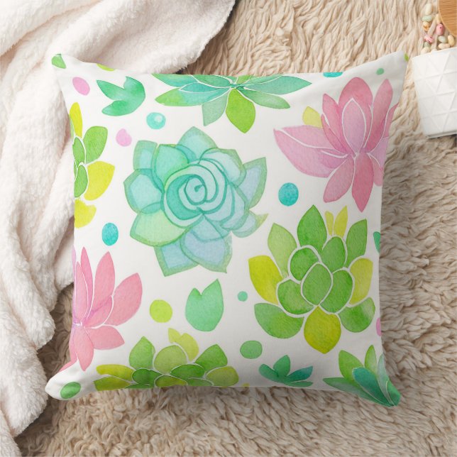 Almofada Succulent garden in pastel watercolor pattern (Cobertor)
