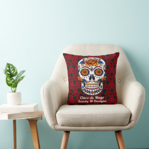 Almofada Sugar Skull Cinco de Mayo Red Floral Nome