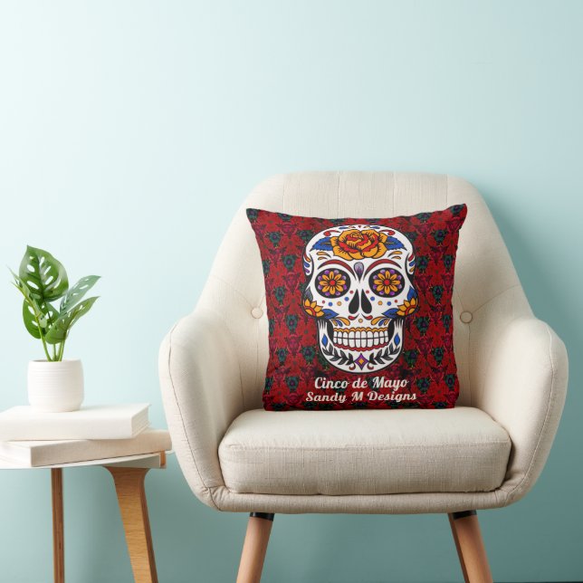 Almofada Sugar Skull Cinco de Mayo Red Floral Nome (Cadeira)