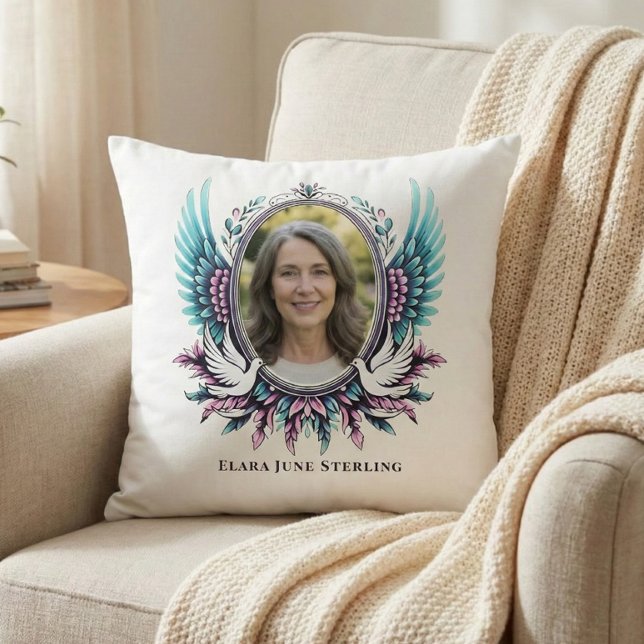 Almofada Suicide Loss Memorial Angel Wing Custom Photo Poem (Personalized Memorial, with Photo for Teal & Purple, Suicide Loss, Throw Pillow)