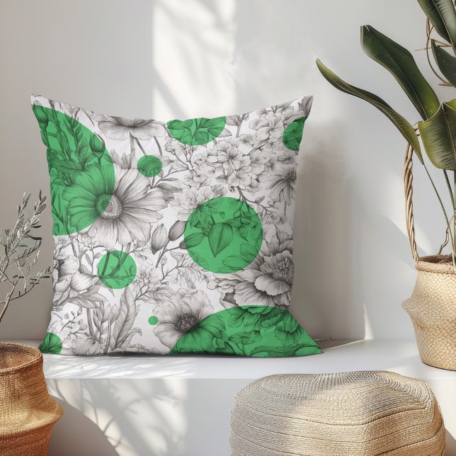 Almofada Summer Floral decorativa Kelly Green Retro Peonies (Modern floral throw pillow with black and white sketch flowers and kelly green retro circles.)