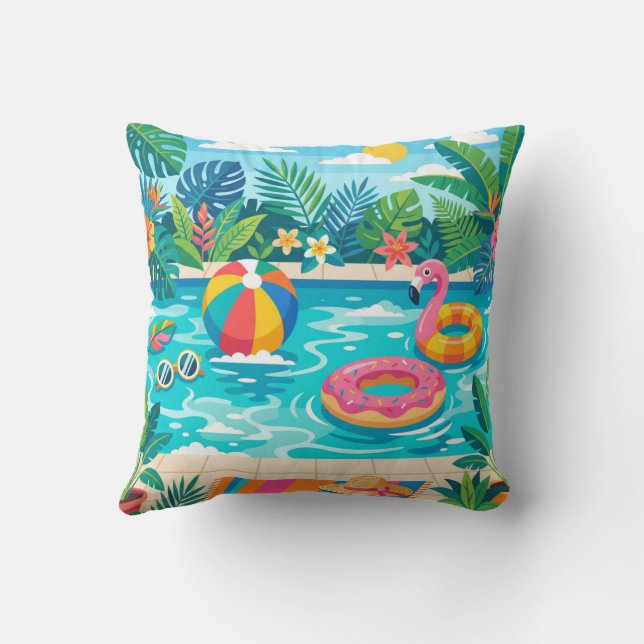 Almofada Summer Pool Party Illustration Throw Pillow (Verso)