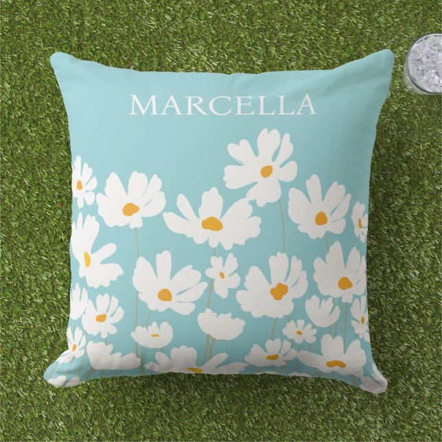 Almofada Summer White Cosmos Flowers Nome Personalizado (Grama)