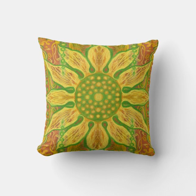 Almofada Sun Flower bohemian art amarelo laranja verde (Frente)