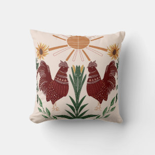 Almofada Sunny Folk Art Rooster Simétrico Design