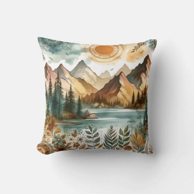 Almofada Sunny Rustic Boho Nature Pattern Mountain Lake (Frente)