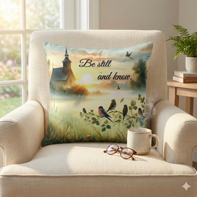Almofada Sunrise Church with Birds in Misty Meadow (Sunrise Church with Birds in Misty Meadow Throw Pillow Mockup A)