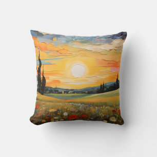 Almofada Sunset Meadow Wildflower Blooming Painting