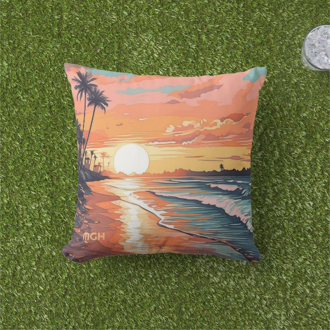 Almofada Sunset Tropical Beach do Monograma personalizado (Grama)