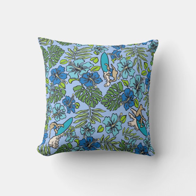 Almofada Surf Pareau Hawaiian Hibiscus Surfing - Turquesa (Frente)