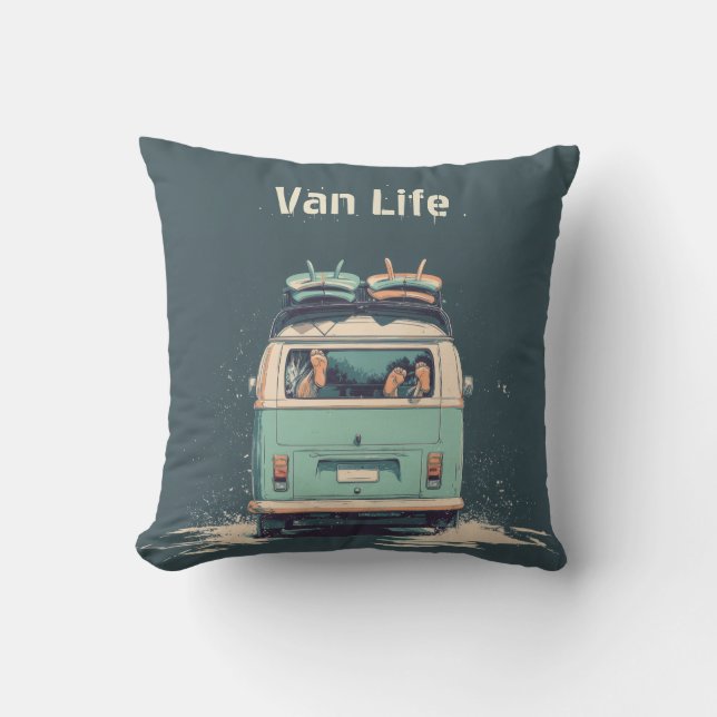 Almofada Surf Van Splash – Camper Retrô de Praia (Frente)