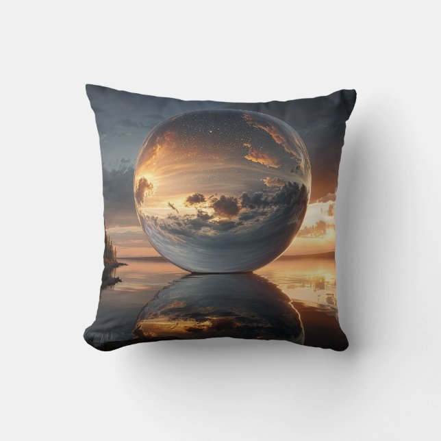 Almofada Surreal Reflective Sphere With Sunset Clouds Over  (Frente)