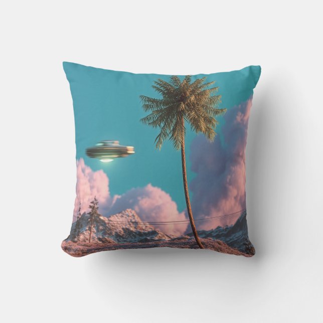 Almofada Surreal UFO and Palm Tree Mountain Scene (Frente)