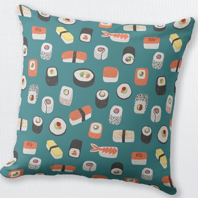 Almofada Sushi Teal Green (Japanese sushi nigiri maki roll teal food art throw pillow)