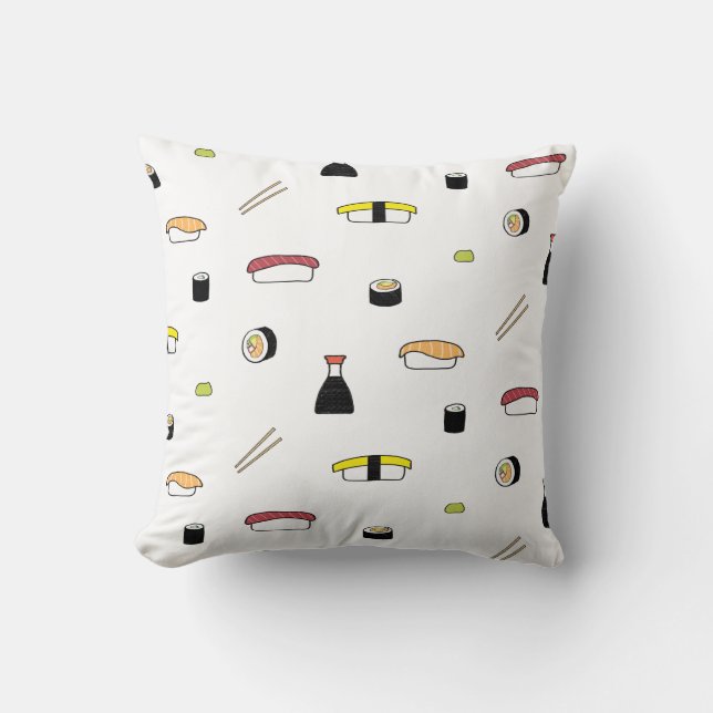 Almofada Sushi Themed Pattern | Sushi-Set Branco Ilustrado (Frente)