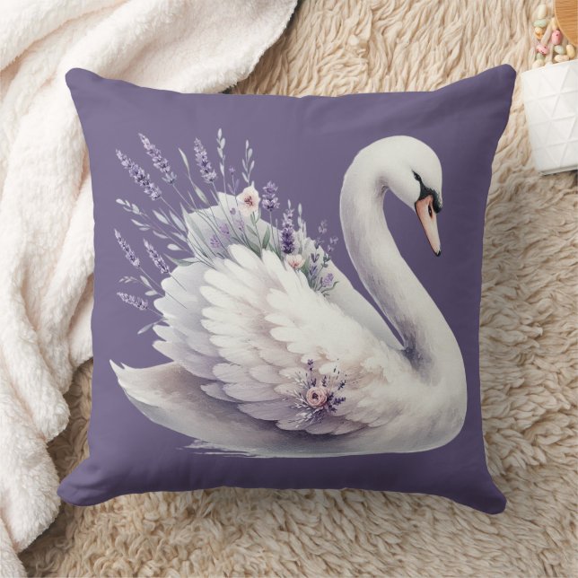 Almofada Swan de Aquarela com Florais de Lavanda (Cobertor)