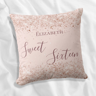 Almofada Sweet 16 rosa gold name script confetti