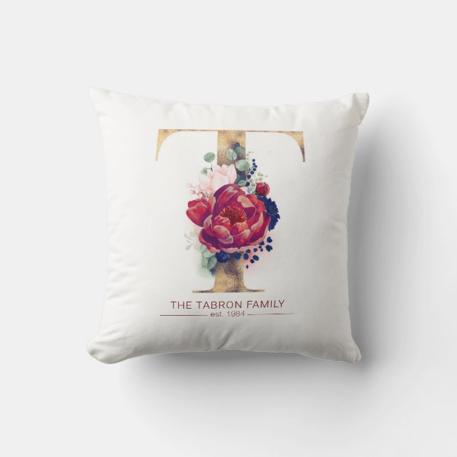 Almofada T Monograma Dourado Borgonha Floral Vermelha e Mar (Frente)