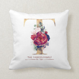 Almofada T Monograma Dourado Borgonha Floral Vermelha e Mar