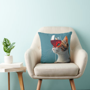 Almofada Tabby Cat com Vidro de Vinho Vermelho