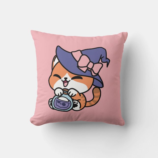 Almofada Tabby Witch Brew – Design de Gato Fofo de Hallowee (Frente)