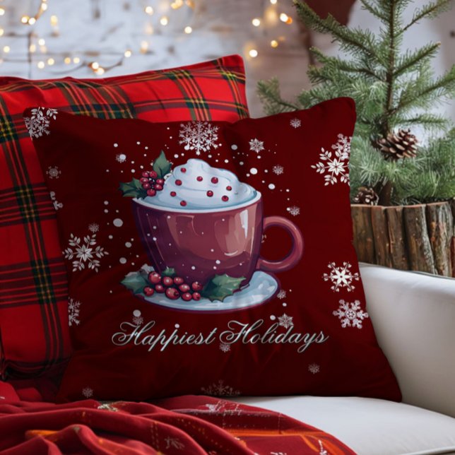 Almofada Taça de Chocolate Quente de Natal | Vermelho (Red Christmas Cup of Hot Chocolate Throw Pillow)