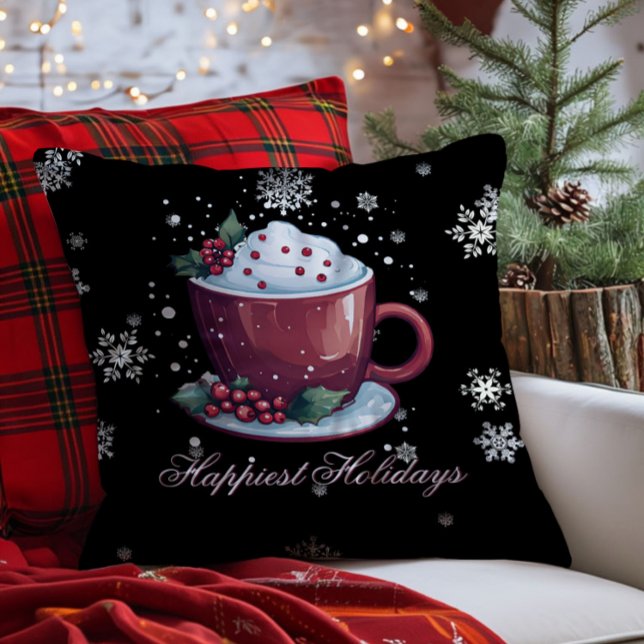 Almofada Taça de Natal de Chocolate Quente (Black Christmas Cup of Hot Chocolate Throw Pillow)