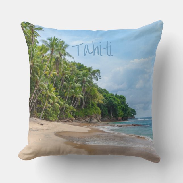 Almofada Tahiti Sand Beach Blue Sky Palm Trees (Frente)