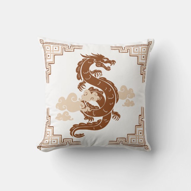 Almofada Tan Brown Chinoiserie Dragon e Nuvens (Frente)