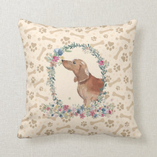 Almofada Tan Dachshund Dog Paw Print & Floral Cute