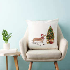 Almofada Tan Dachshund Engraçado Cachorro de Natal com Árvo