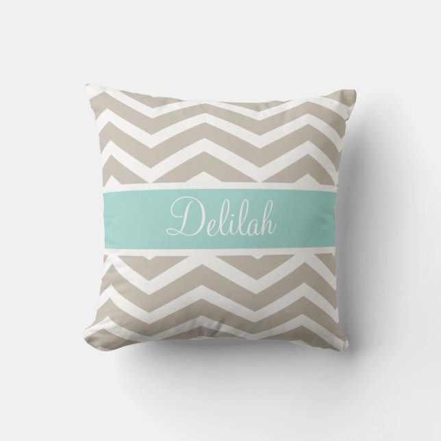 Almofada Tan Teal Chevron Nome Personalizado (Frente)