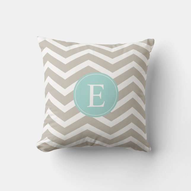 Almofada Tan White Chevron Teal Monograma (Frente)
