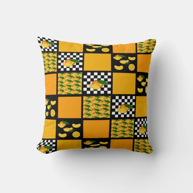 Almofada Tangerina e Xadrez em Patchwork (Frente)