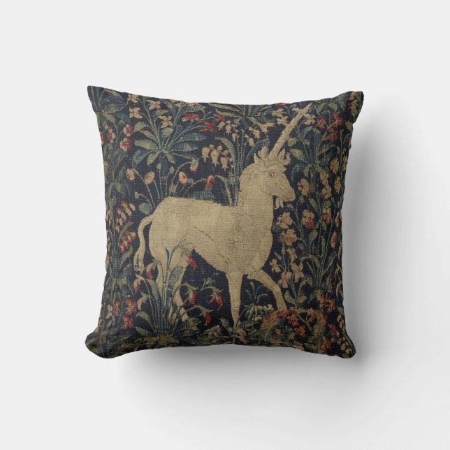 Almofada Tapeçaria alegórica de "Millefleurs" com animais (Frente)