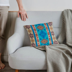 Almofada Tapete Kilim Turco Antigo Aqua Azul Dourado Claro