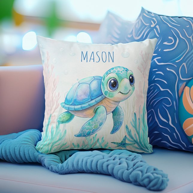 Almofada Tartaruga branca aqua azul personalizada nome bebê (Cute turtle aqua blue personalized name baby boy gifts personalized name throw pillow nursery decor)