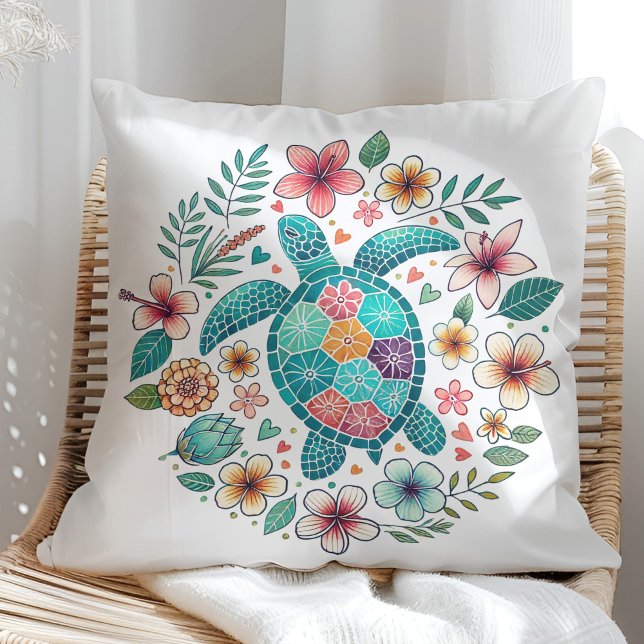 Almofada Tartaruga Floral do Boho Turquoise - Costeira (Boho Turquoise Floral Sea Turtle - Coastal Throw Pillow on a sunny boho rattan chair.)