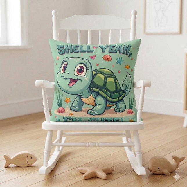 Almofada Tartaruga Kawaii Fofa com Punheta Divertida Estéti (Cute Kawaii Turtle with Funny Pun Ocean Aesthetic Throw Pillow Mockup A)