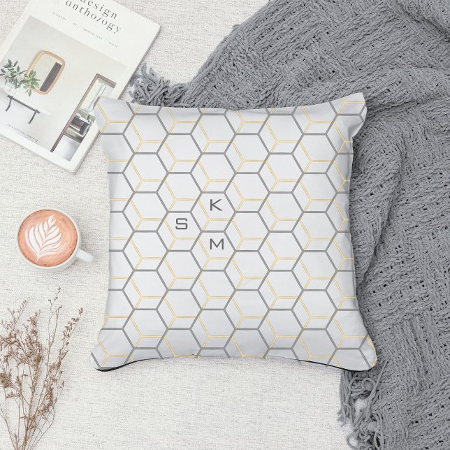 Almofada Taupe White Modern Abstrato Geométrico Monograma (Criador carregado)