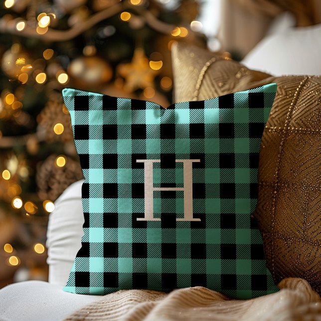 Almofada Teal Black Buffalo Plaid Monogram Holiday (Criador carregado)