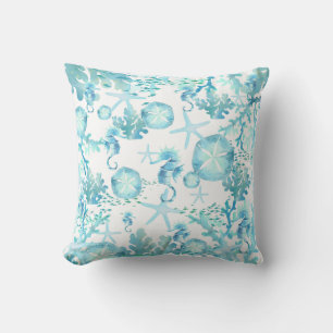 Almofada Teal Blue Seacavalo Sanddólar Seashell Coral Recif