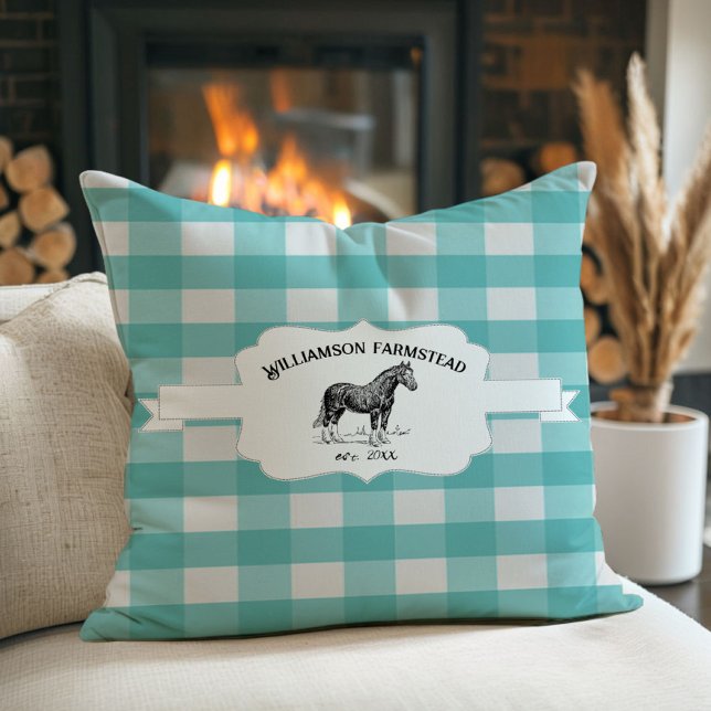Almofada Teal Buffalo Xadrez Cavalo (Teal Buffalo Plaid Farm Horse Throw Pillow)