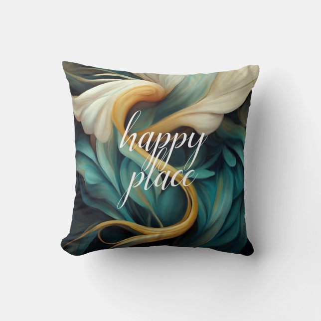 Almofada Teal & Cream Swirls Abstrato, LUGAR FELIZ (Frente)
